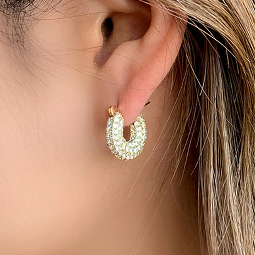 Huitan Big/Small Two Sizes Hoop Earrings for Women Full Paved CZ Stone Bling Bling Female Circle Earrings Temperament Jewelry