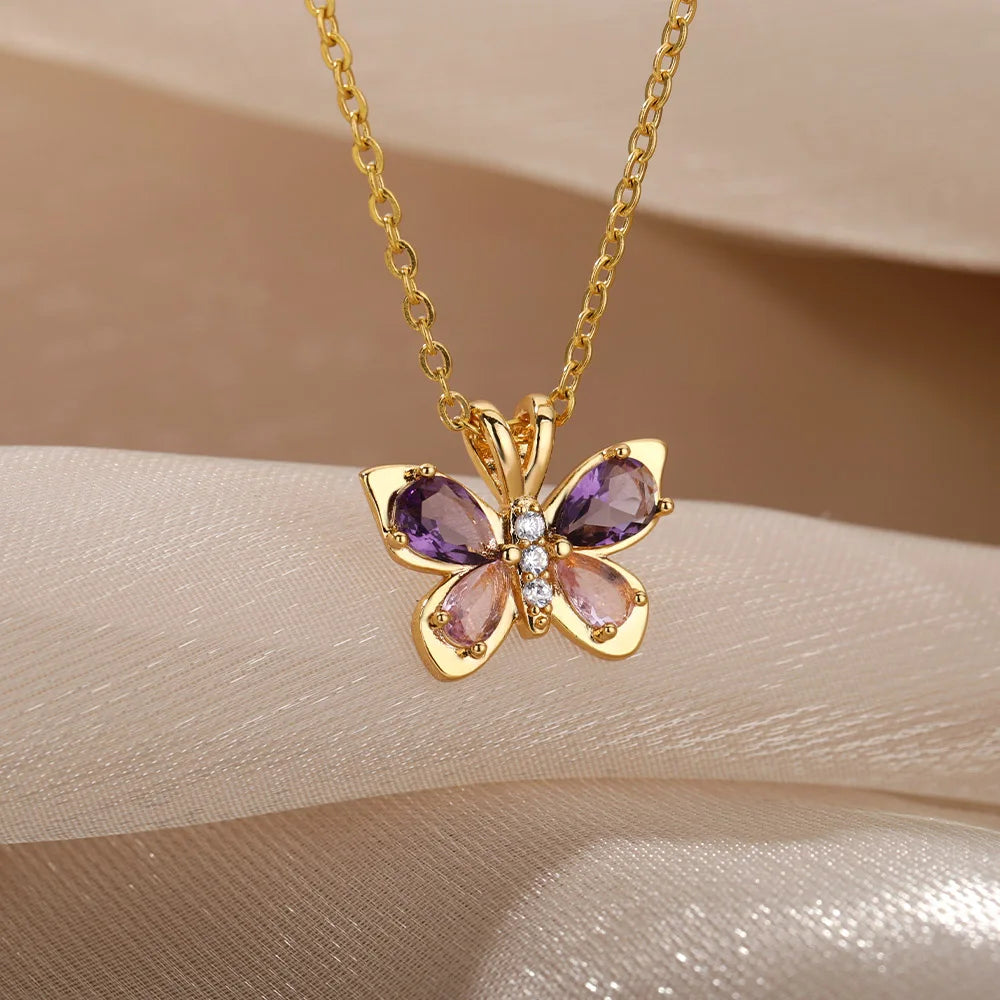 Cute Butterfly Necklace For Women Stainless Steel Crystal Purple Zircon Aesthetic Necklaces Charms Collar Choker Party Jewelry