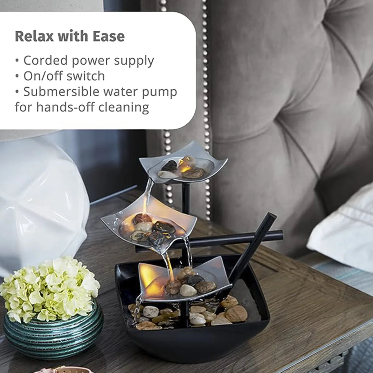 Home decoration Tabletop Water Fountain（plug-EU）Basin  River Rocks Relaxation Office Living Room Bedroom Décor 8.46 inch Tall