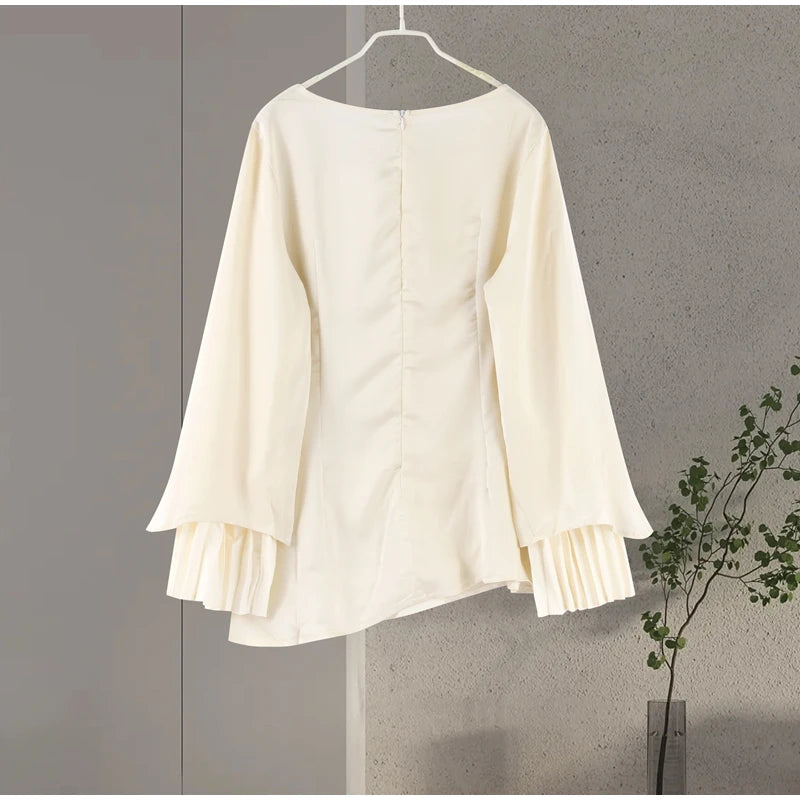 2025 Women Fashion O-neck Patchwork Long Dress Elegant Solid Flare sleeve Pleated High Waist Slim Dresses Lady Summer Chic Robes