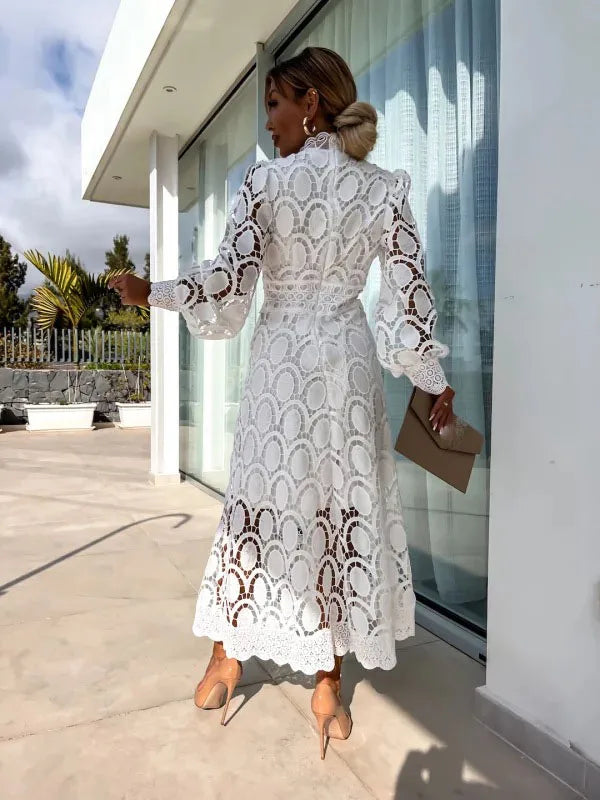 Lace Puff Sleeve Long Dress Women 2025 Spring Elegant New Fashionable Stand Collar High Waist Slim Dresses