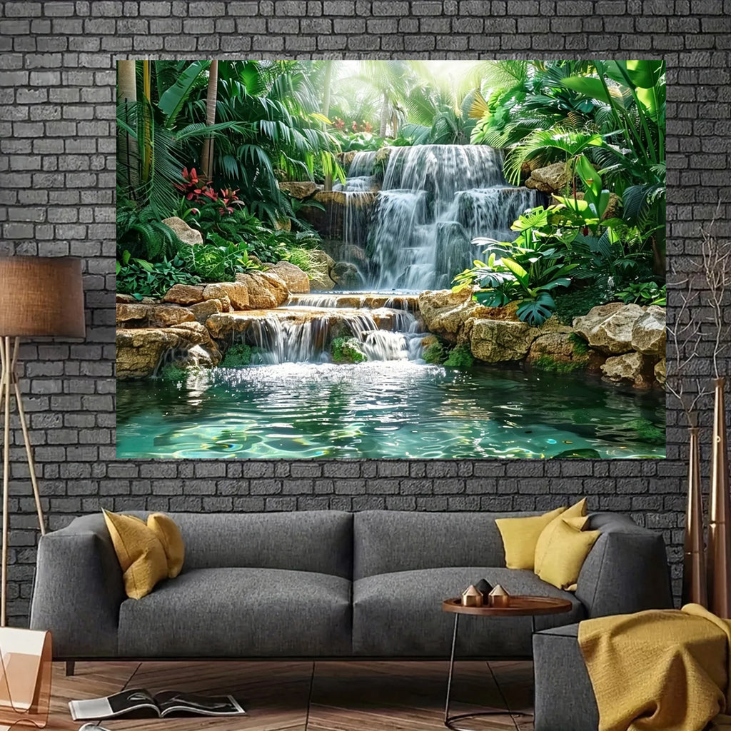 Waterfall Garden background Polyester banner, general purpose and trailing party wall decoration - forest and river scene