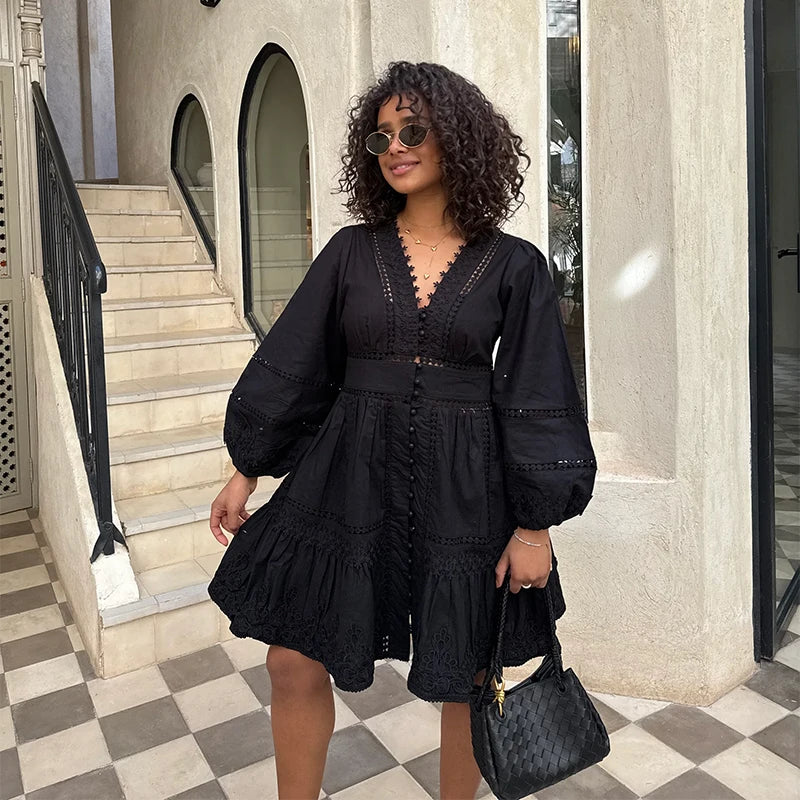 Elegant V Neck Long Puff Sleeve Embroidery Female Dress Chic Hollow Out A line Madi Dresses for Women Fashion Spring Lady Robes