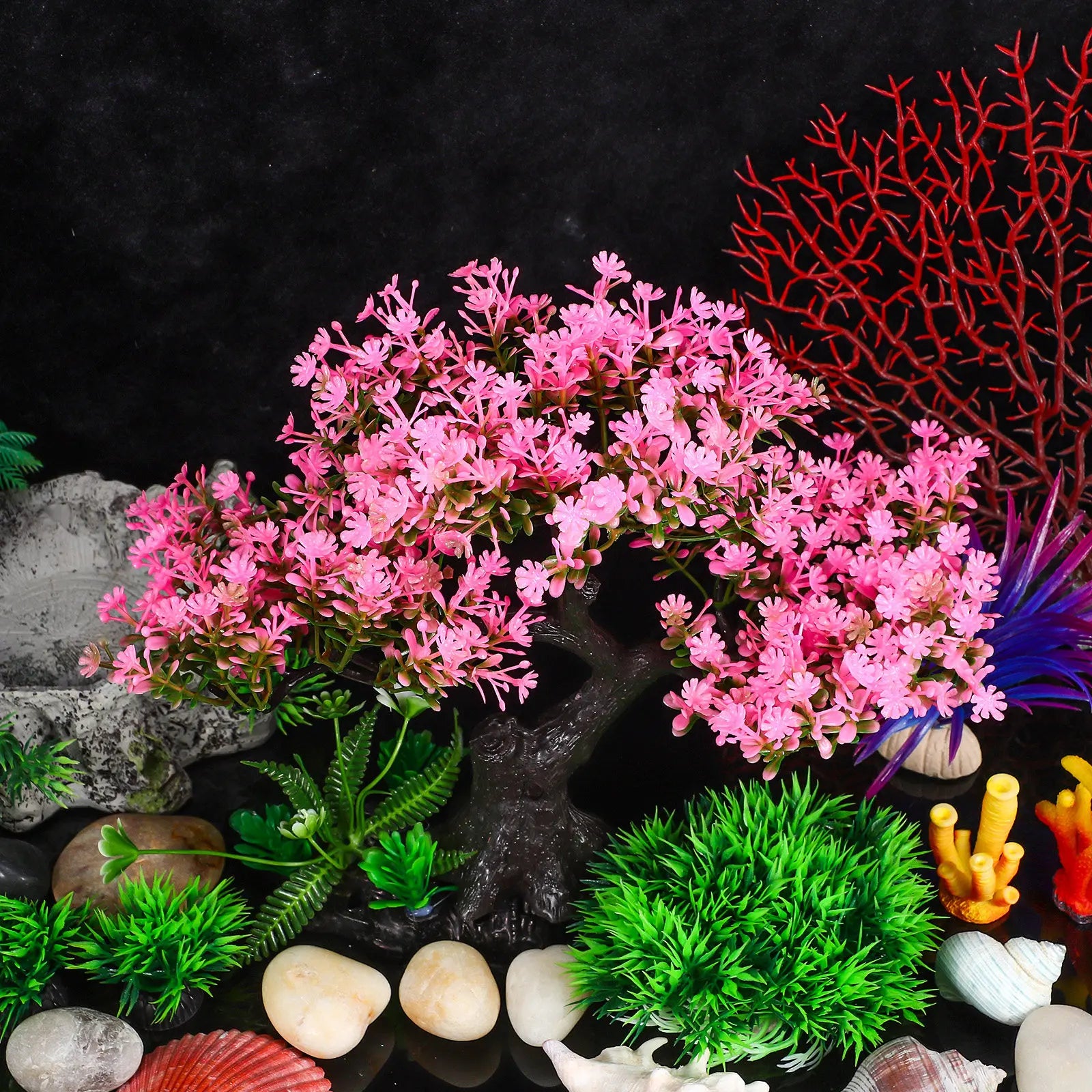Artificial Plants Indoor Aquarium Decoration Fish Tank Cherry Blossom Fake Colored Accessories for Small Tree Real