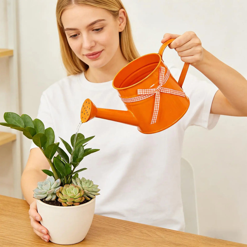 Indoor Watering Can 1L Metal Pot with Sprinkler Head and Gingham Ribbon Modern Plant Watering Cans for Home Office Balcony