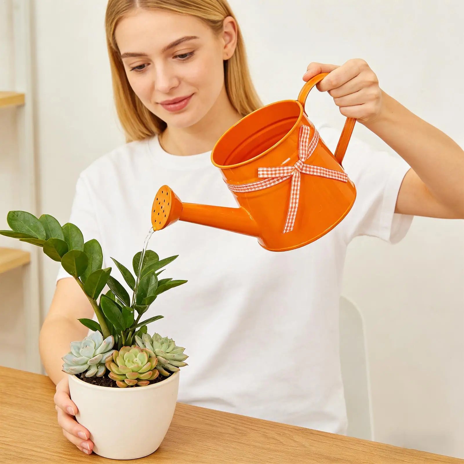 Indoor Watering Can 1L Metal Pot with Sprinkler Head and Gingham Ribbon Modern Plant Watering Cans for Home Office Balcony
