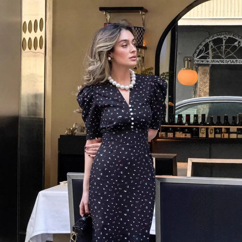 Tuularose Elegant Printed Long Dress Black V Neck Bubble Sleeve Summer Party Dresses Luxury Contrast Vintage Women Evening Dress