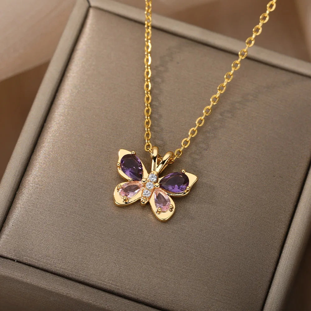 Cute Butterfly Necklace For Women Stainless Steel Crystal Purple Zircon Aesthetic Necklaces Charms Collar Choker Party Jewelry