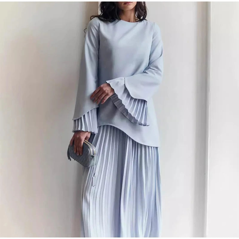 2025 Women Fashion O-neck Patchwork Long Dress Elegant Solid Flare sleeve Pleated High Waist Slim Dresses Lady Summer Chic Robes