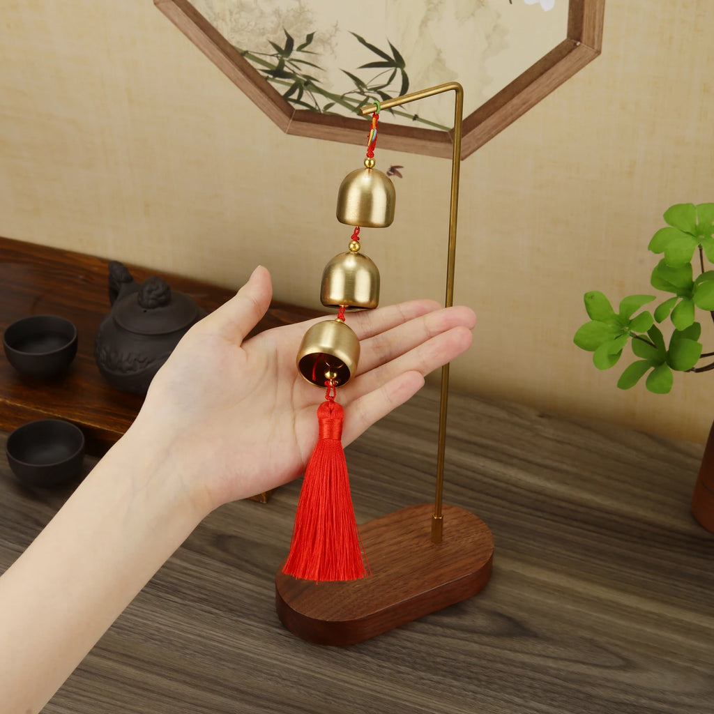 Copper Wind Chime with Walnut Base Hanging Ornaments Home Balcony Decor Car Pendant Gift Home Decoration Accessories