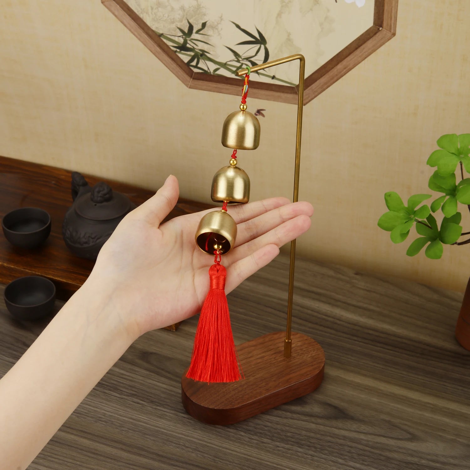 Copper Wind Chime with Walnut Base Hanging Ornaments Home Balcony Decor Car Pendant Gift Home Decoration Accessories