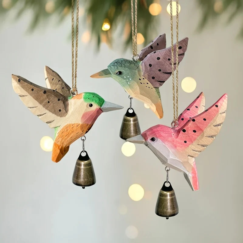 1pc Hand-Carved Solid Wood Hummingbird Wind Chime Pendant -Wood Grain Flying Bird Sculpture with Soothing Sound Rustic Farmhouse