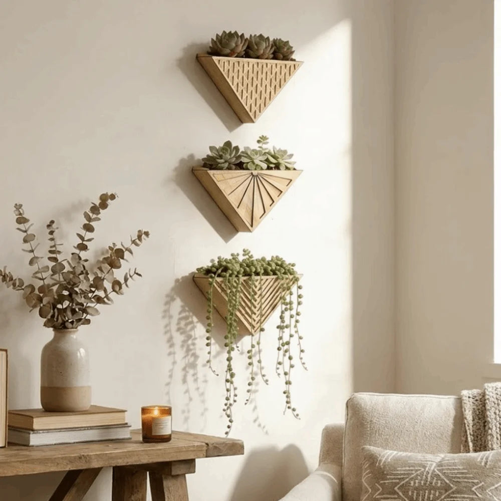 Plant Holder Modern Wooden Triangle Wall Planter Minimalist Decorative Geometric Flower Pot Handmade Succulent Pot Indoor