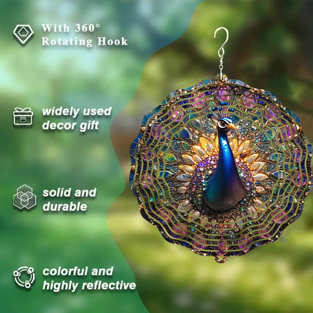 A Beautiful Peacock Wind Chime Made of Metal, a 3D Rotating Design with a 360° Swivel Hook That Creates a Striking Dynamic