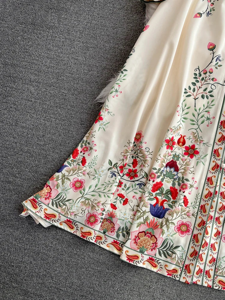 2026 Runway Luxury Designer Dresses Women Stand Neck Long Sleeve Floral Print With Belt Boho Holiday Dress Flower Long Robes