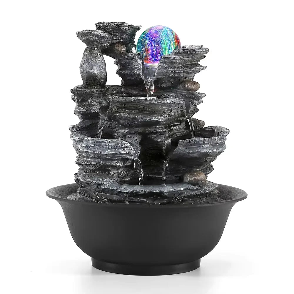 Indoor Tabletop Decorative Feng Shui Waterfall Fountain with Colored LED Light Mini Waterfalls Landscape Home Ornament Gift