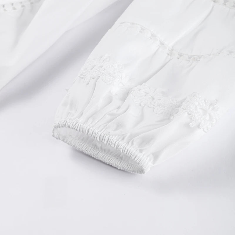 Elegant V Neck Long Puff Sleeve Embroidery Female Dress Chic Hollow Out A line Madi Dresses for Women Fashion Spring Lady Robes