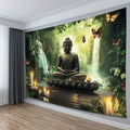 Buddha Statue Waterfall Forest Tapestry Zen Meditation Art Butterfly Decor Peaceful Nature Wall Hanging Living Room Print