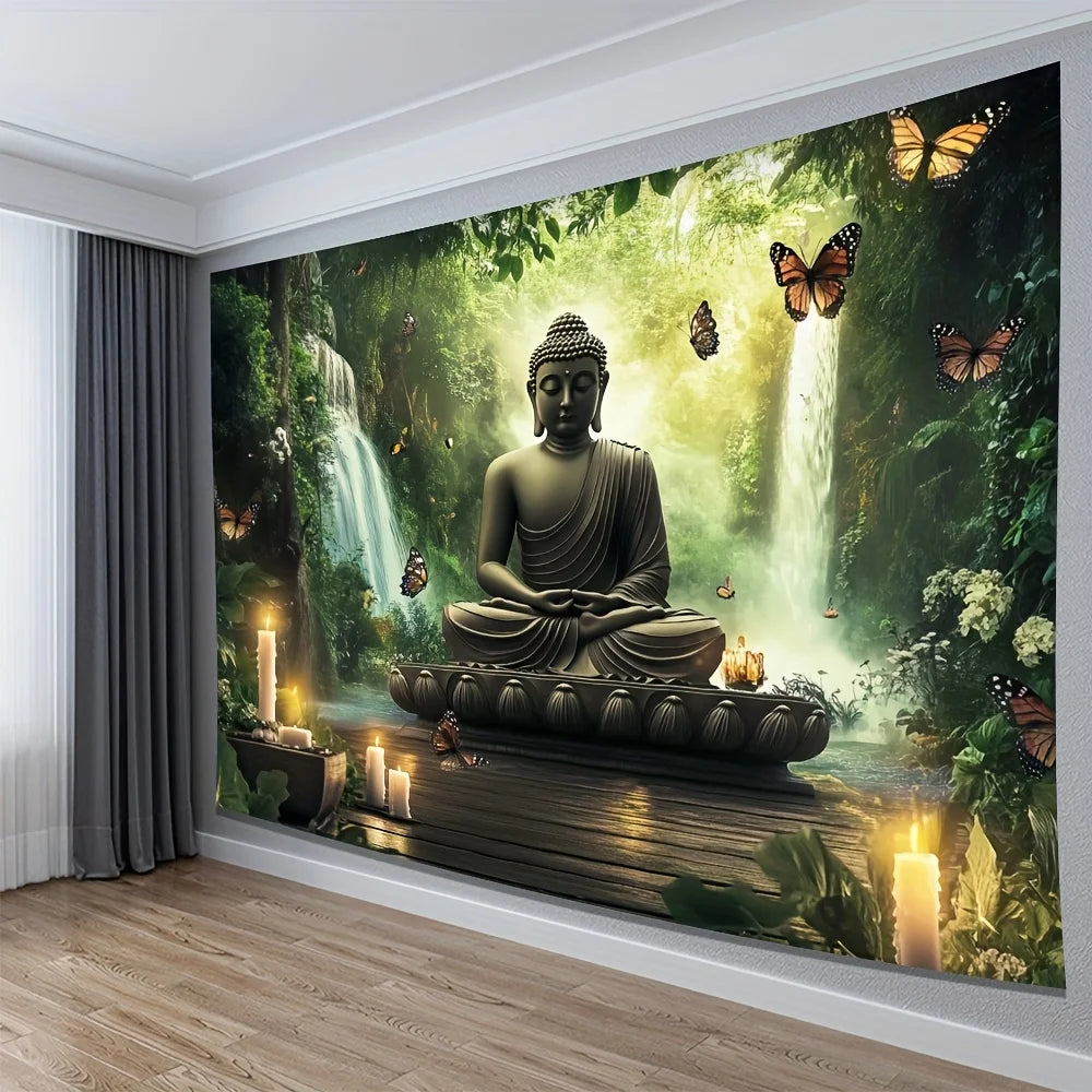 Buddha Statue Waterfall Forest Tapestry Zen Meditation Art Butterfly Decor Peaceful Nature Wall Hanging Living Room Print
