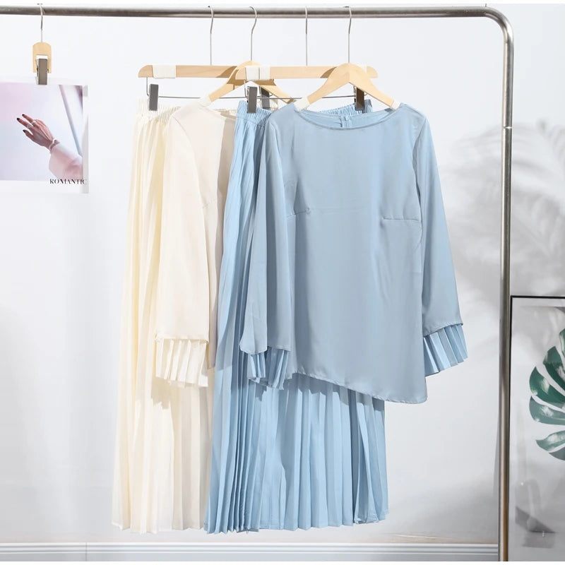 2025 Women Fashion O-neck Patchwork Long Dress Elegant Solid Flare sleeve Pleated High Waist Slim Dresses Lady Summer Chic Robes