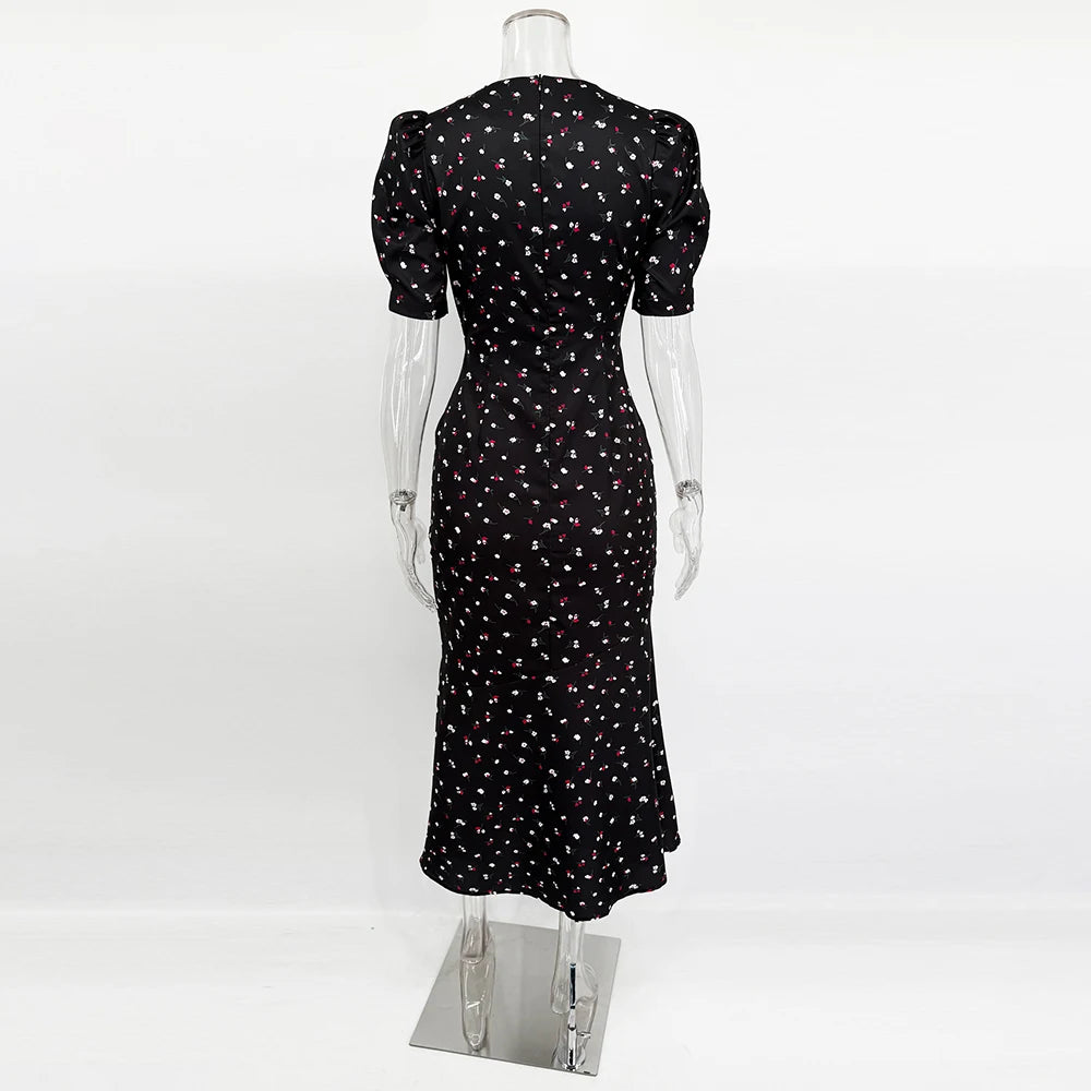 Tuularose Elegant Printed Long Dress Black V Neck Bubble Sleeve Summer Party Dresses Luxury Contrast Vintage Women Evening Dress