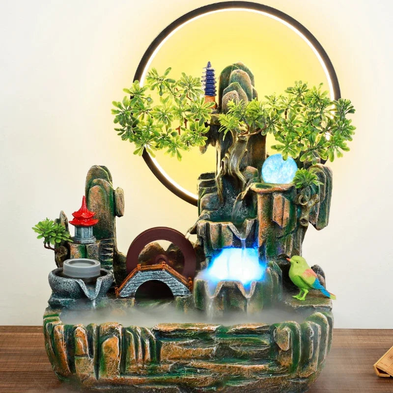 Indoor Fountain with Fish Tank Feng Shui Resin Waterwheel Relaxing Fog Water Feature for Home & Office Décor Water Feature