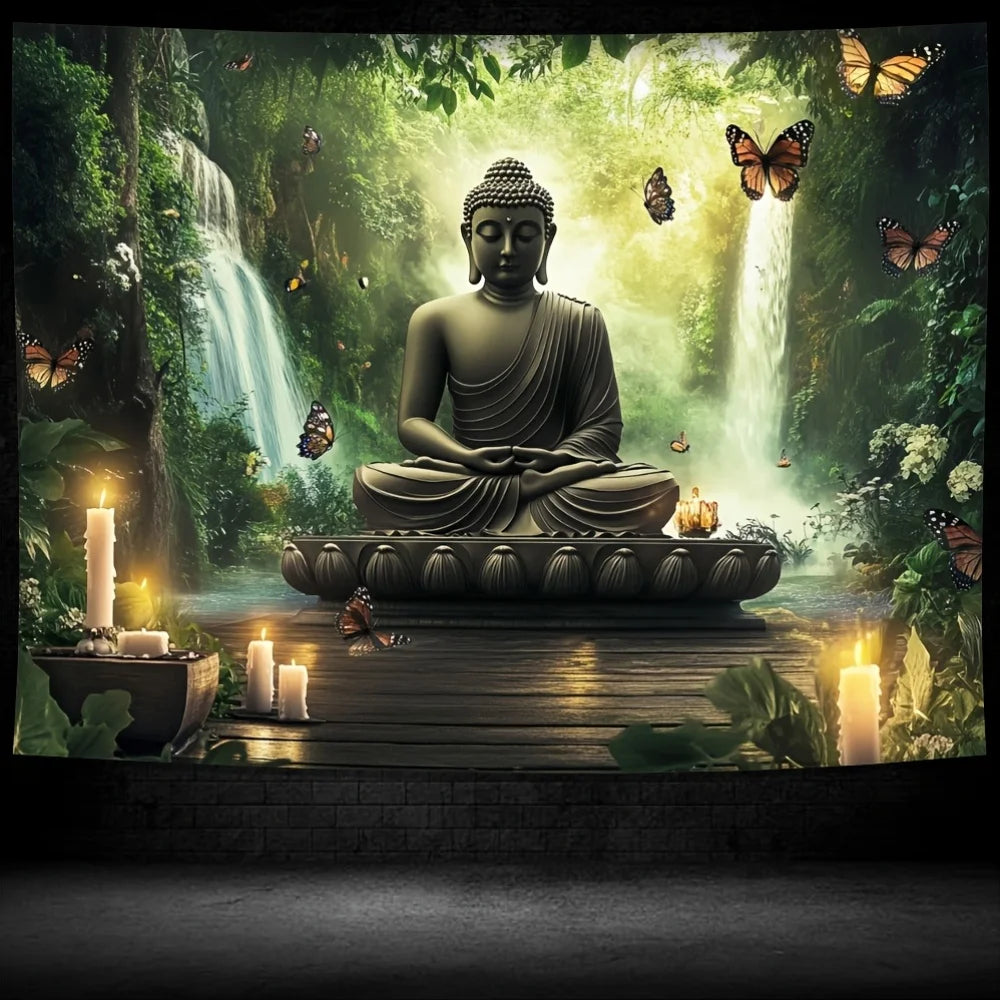 Buddha Statue Waterfall Forest Tapestry Zen Meditation Art Butterfly Decor Peaceful Nature Wall Hanging Living Room Print