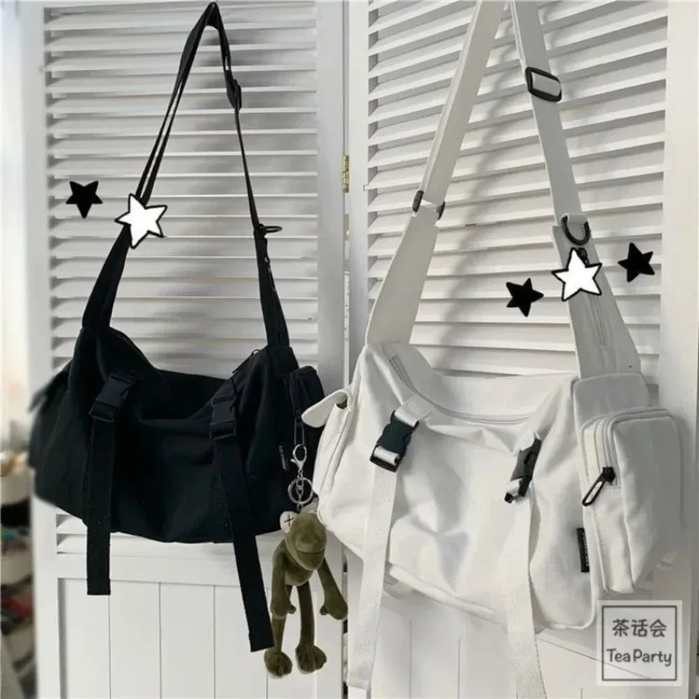 Japanese Harajuku Women Messenger Bag Solid Color Canvas Crossbody Bags Student Large Capacity Handbags Shoulder Bag