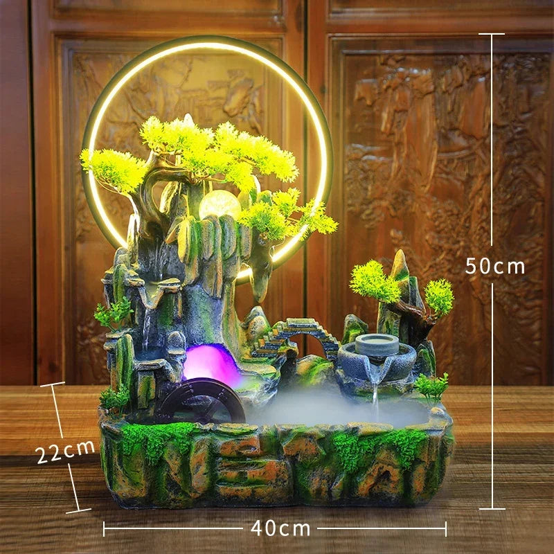 Indoor Fountain with Fish Tank Feng Shui Resin Waterwheel Relaxing Fog Water Feature for Home & Office Décor Water Feature