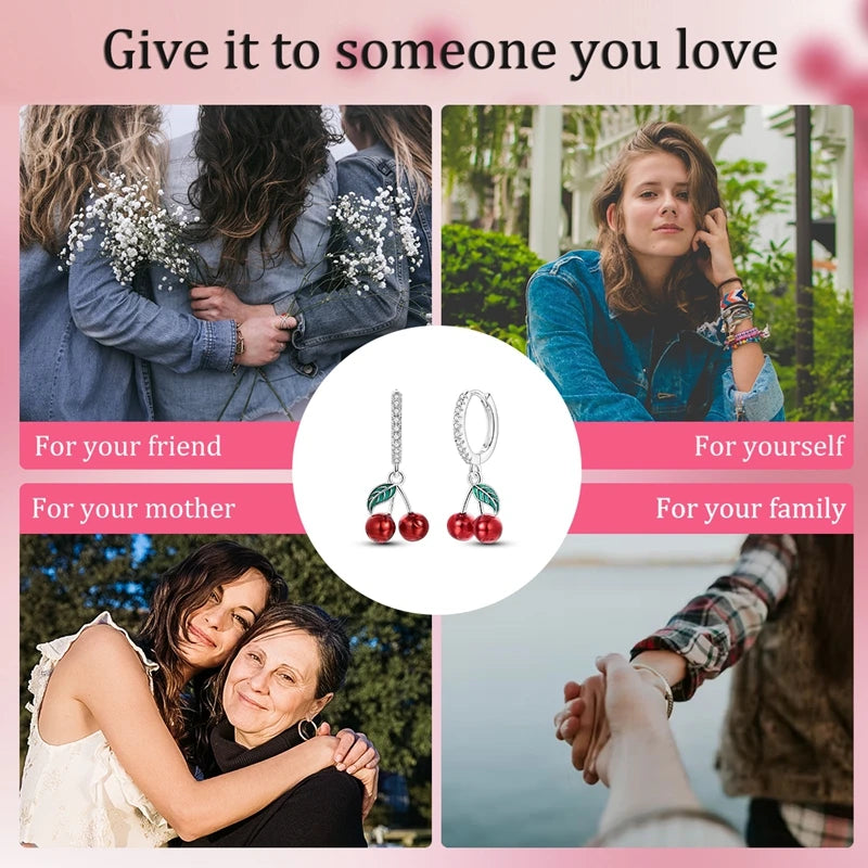 925 Sterling Silver Sweet Cherry Hoop Earrings Sparkling CZ Zircon Earrings For Women Fine Birthday Anniversary Jewelry Gifts