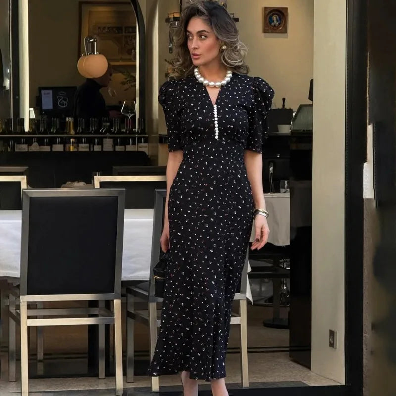 Tuularose Elegant Printed Long Dress Black V Neck Bubble Sleeve Summer Party Dresses Luxury Contrast Vintage Women Evening Dress