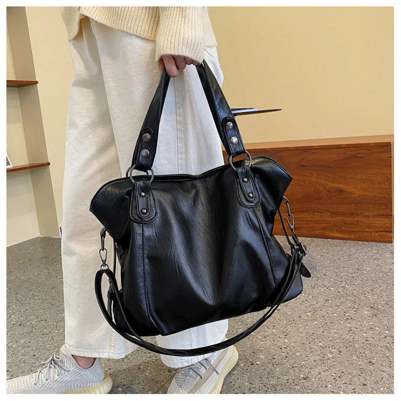 Big Black Shoulder Bags for Women Large Hobo Shopper Bag Solid Color Quality Soft Leather Crossbody Handbag Lady Travel Tote Bag
