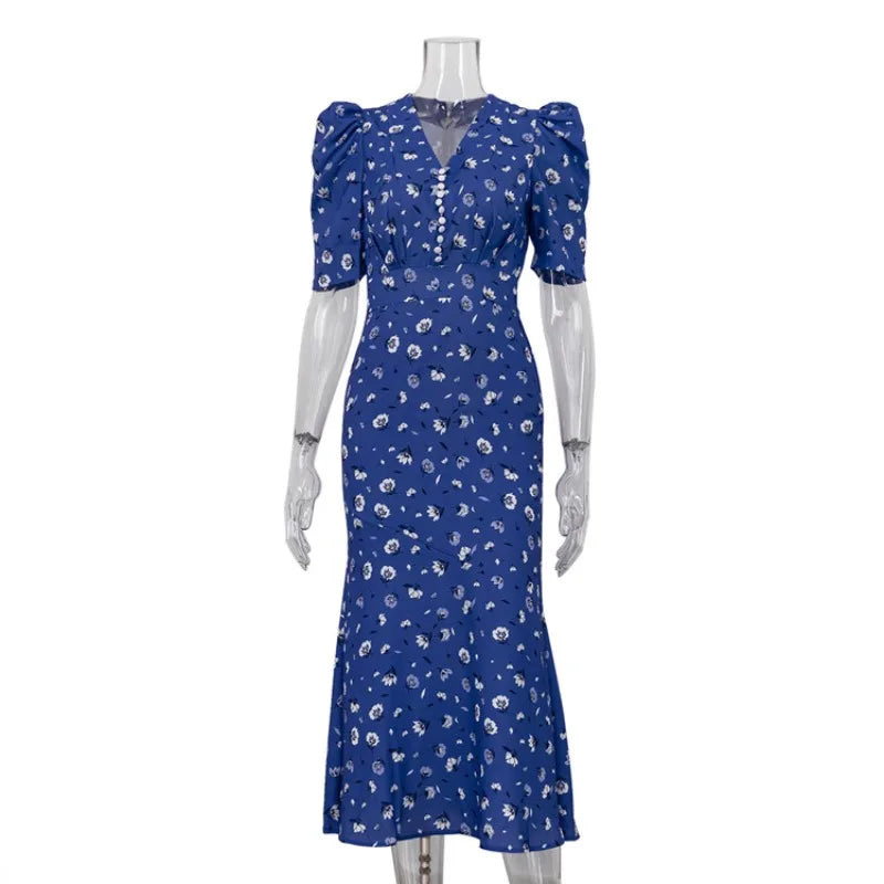 Tuularose Elegant Printed Long Dress Black V Neck Bubble Sleeve Summer Party Dresses Luxury Contrast Vintage Women Evening Dress