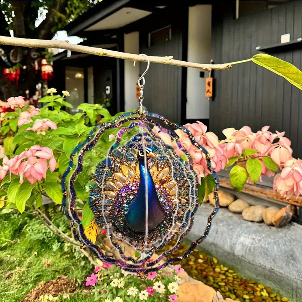 A Beautiful Peacock Wind Chime Made of Metal, a 3D Rotating Design with a 360° Swivel Hook That Creates a Striking Dynamic