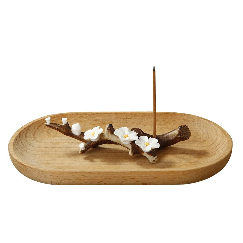Ceramic Handicraft Simulation Plum Blossom Incense Burner Stick Incense Holder with Wooden Ash Tray Buddhism Supplies Home Decor