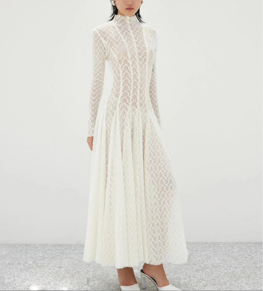 TWOTWINSTYLE Solid Slimming Spliced Ruffles Dresses for Women Round Neck Long Sleeves Patchwork Hollow Out Dress Female Clothing