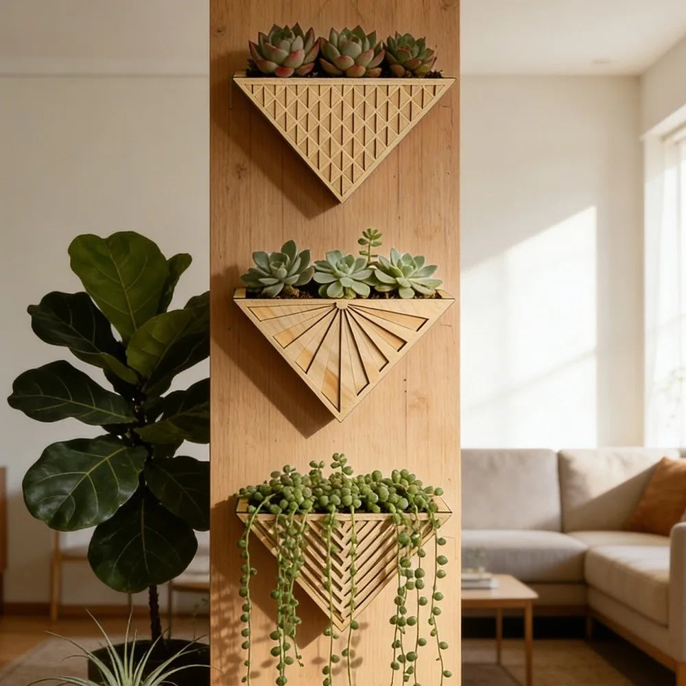 Plant Holder Modern Wooden Triangle Wall Planter Minimalist Decorative Geometric Flower Pot Handmade Succulent Pot Indoor