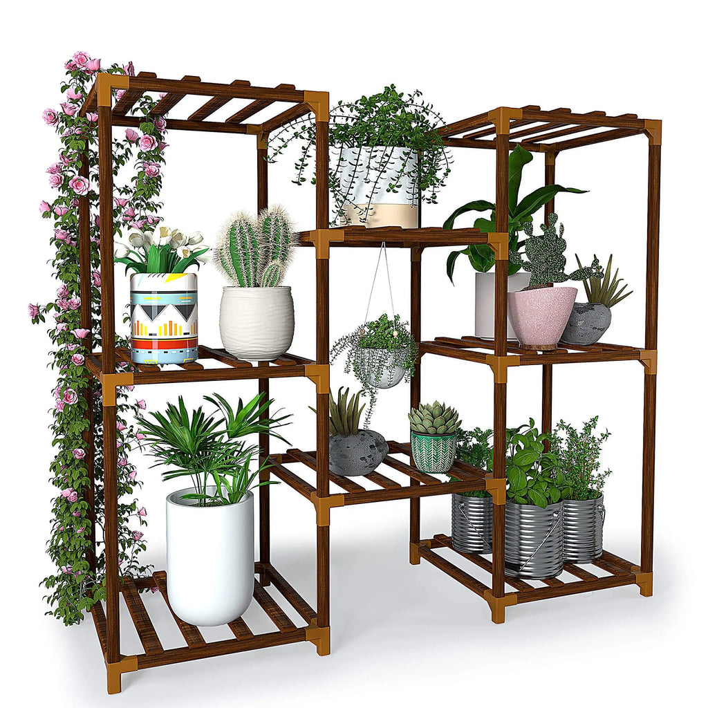 Indoor-outdoor wooden multi-tier plant stand, suitable for placement in living rooms, courtyards, and balconies.