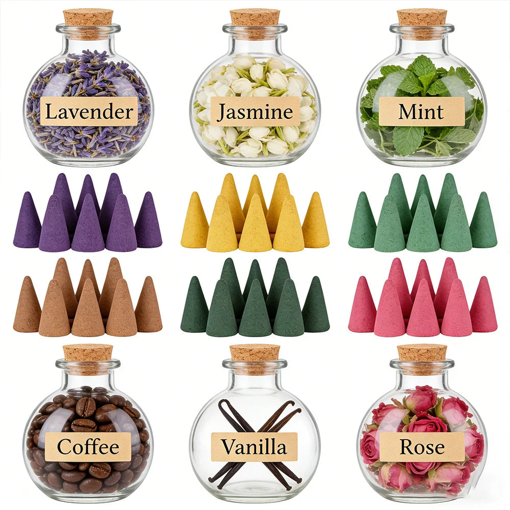 High-Quality Natural Incense Sticks, 2.7cm Tall Cones, with Scents of Vanilla, Coffee, Jasmine, Mint, Lavender, Rose, Etc., Rich in Fragrance, Burn for a Long Time, Creating an Aesthetic Smoke Effect, Suitable for Purifying t