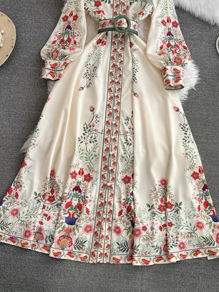 2026 Runway Luxury Designer Dresses Women Stand Neck Long Sleeve Floral Print With Belt Boho Holiday Dress Flower Long Robes