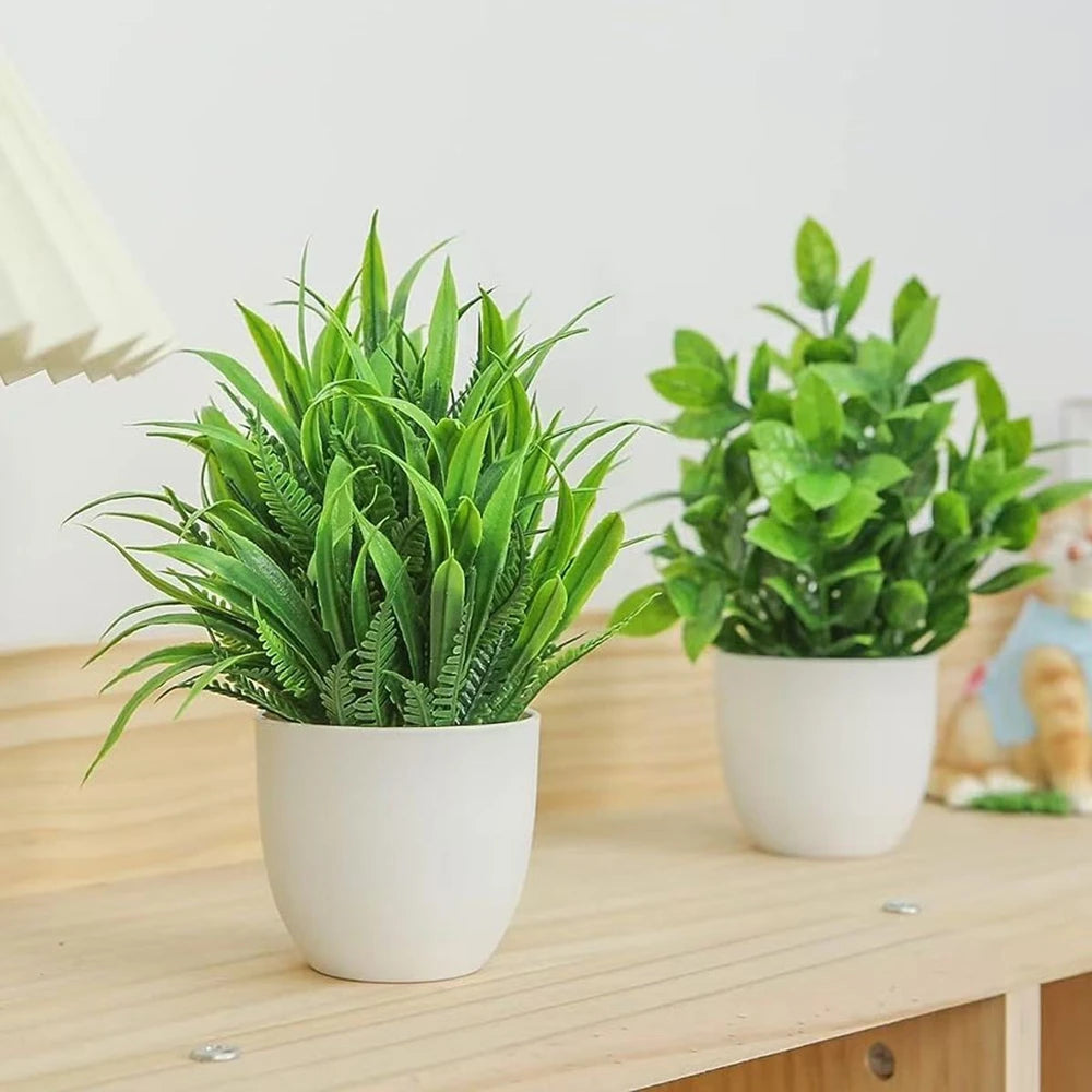 4pcs/set Mini Artificial Plants Potted Indoor Outdoor Decor Green Bonsai for Home Garden Office Living Room Decoration Ornament