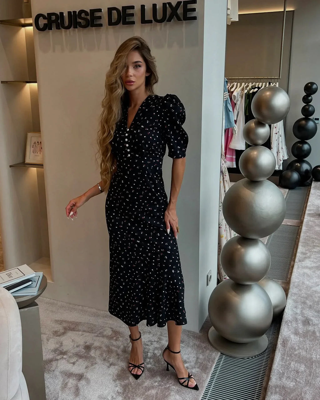 Tuularose Elegant Printed Long Dress Black V Neck Bubble Sleeve Summer Party Dresses Luxury Contrast Vintage Women Evening Dress