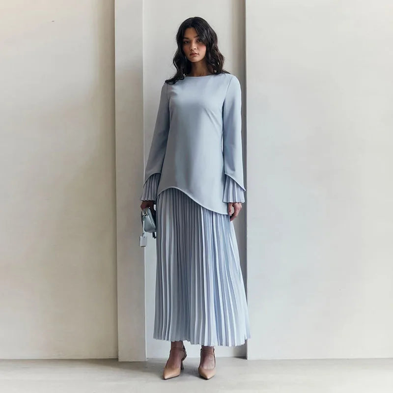 2025 Women Fashion O-neck Patchwork Long Dress Elegant Solid Flare sleeve Pleated High Waist Slim Dresses Lady Summer Chic Robes