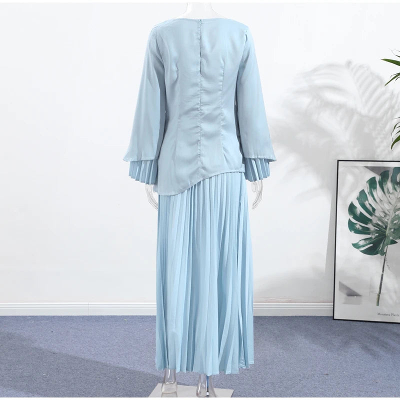 2025 Women Fashion O-neck Patchwork Long Dress Elegant Solid Flare sleeve Pleated High Waist Slim Dresses Lady Summer Chic Robes