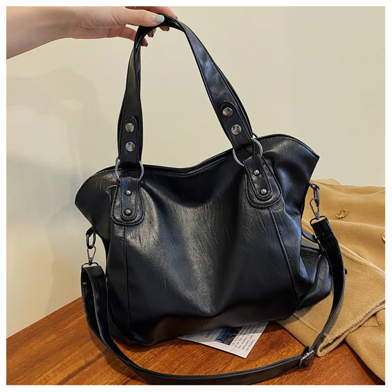 Big Black Shoulder Bags for Women Large Hobo Shopper Bag Solid Color Quality Soft Leather Crossbody Handbag Lady Travel Tote Bag