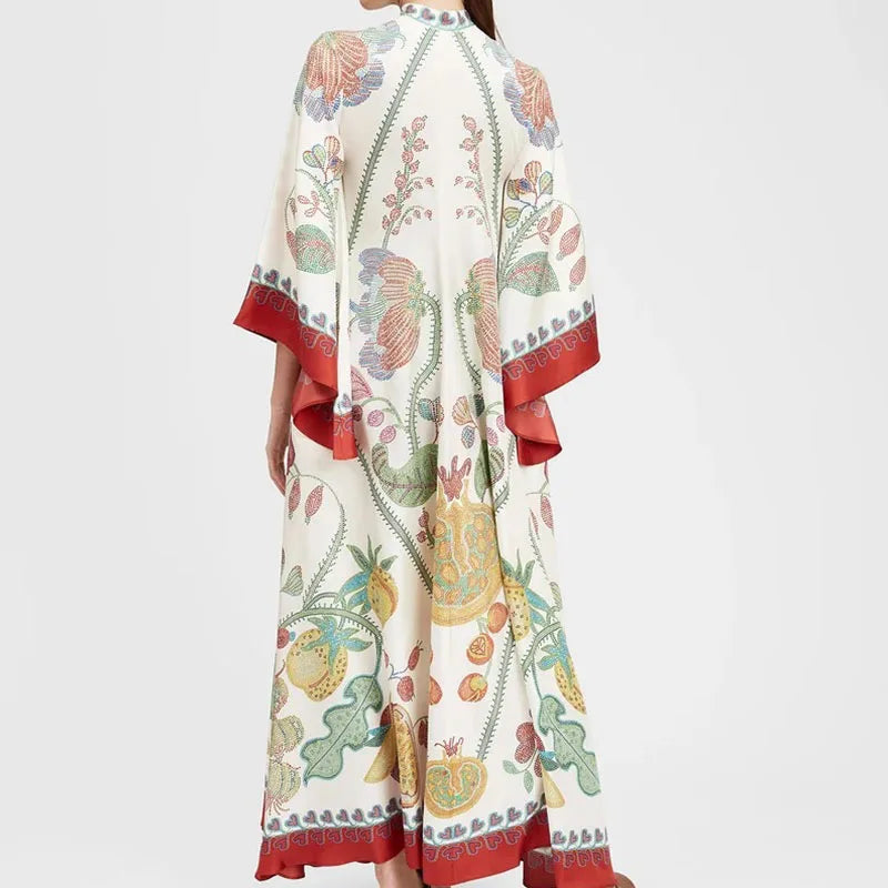 Elegant Long Sleeve Loose Party Dresses Spring Vintage Pattern Printed Robe Dress Women's Stand Neck High Waist Bohemian Dress