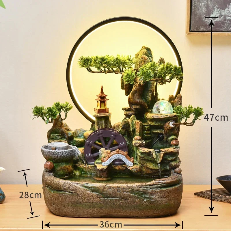 Indoor Fountain with Fish Tank Feng Shui Resin Waterwheel Relaxing Fog Water Feature for Home & Office Décor Water Feature