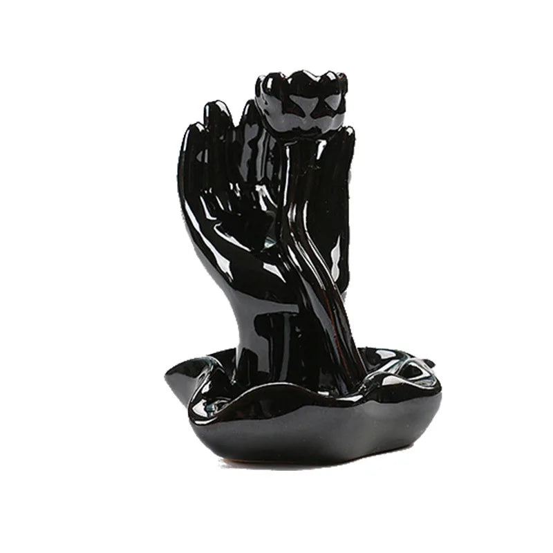Ceramic Waterfall Backflow Incense Burner, Lotus Buddha Hand Design, Misty Smoke Effect for Zen Meditation, Home Good Luck Decor