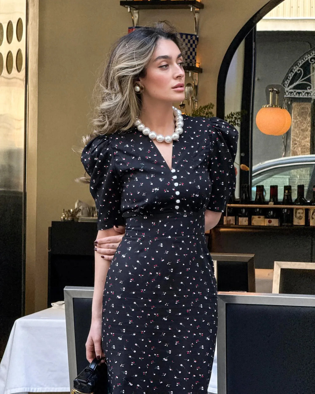 Tuularose Elegant Printed Long Dress Black V Neck Bubble Sleeve Summer Party Dresses Luxury Contrast Vintage Women Evening Dress