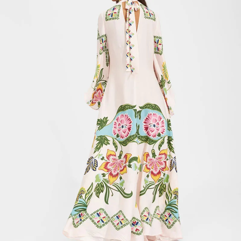 Elegant Long Sleeve Loose Party Dresses Spring Vintage Pattern Printed Robe Dress Women's Stand Neck High Waist Bohemian Dress